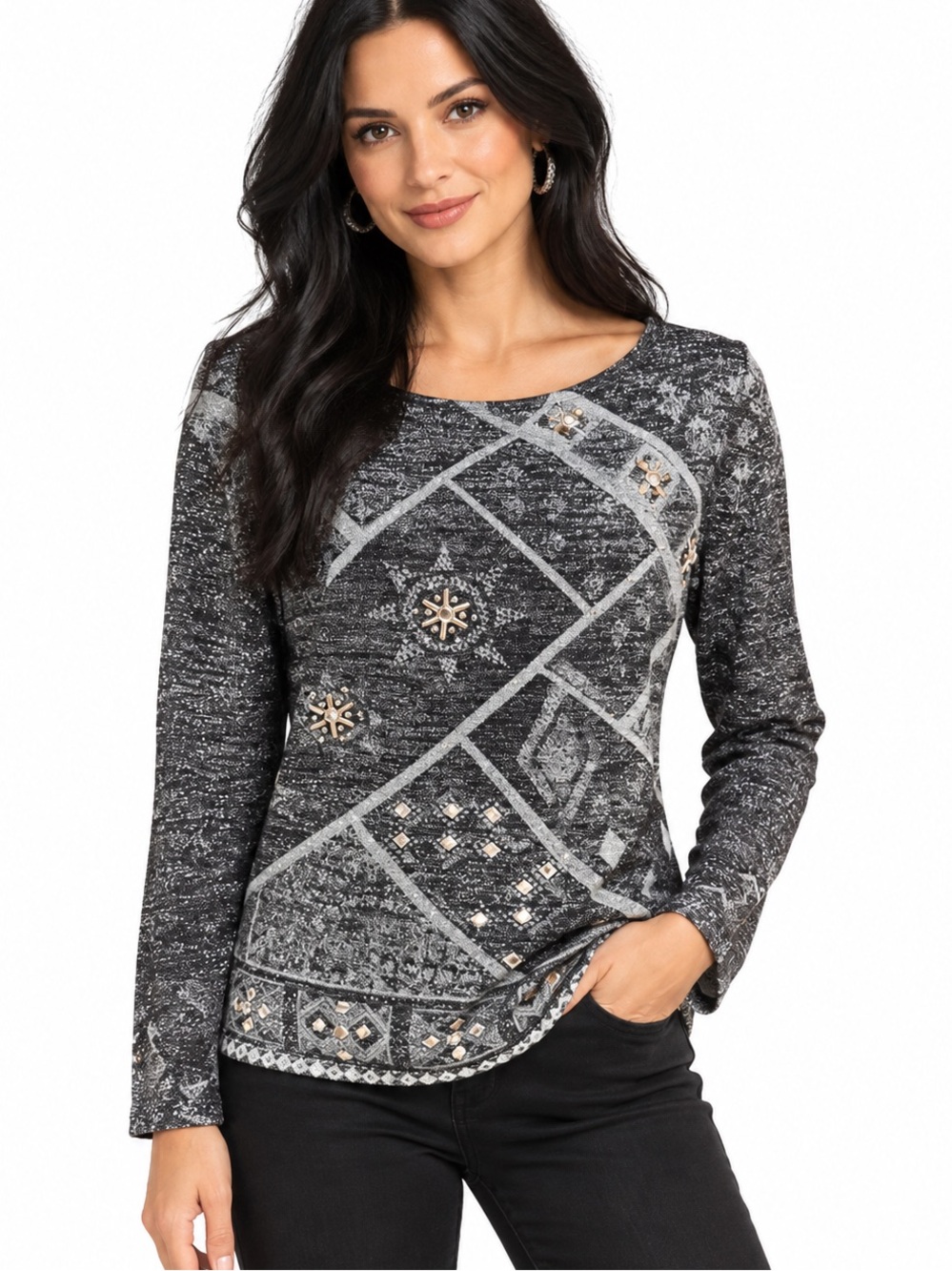 Nancy Bolen City Girl Embellished Metallic Knit Silk Blend Top in Charcoal small